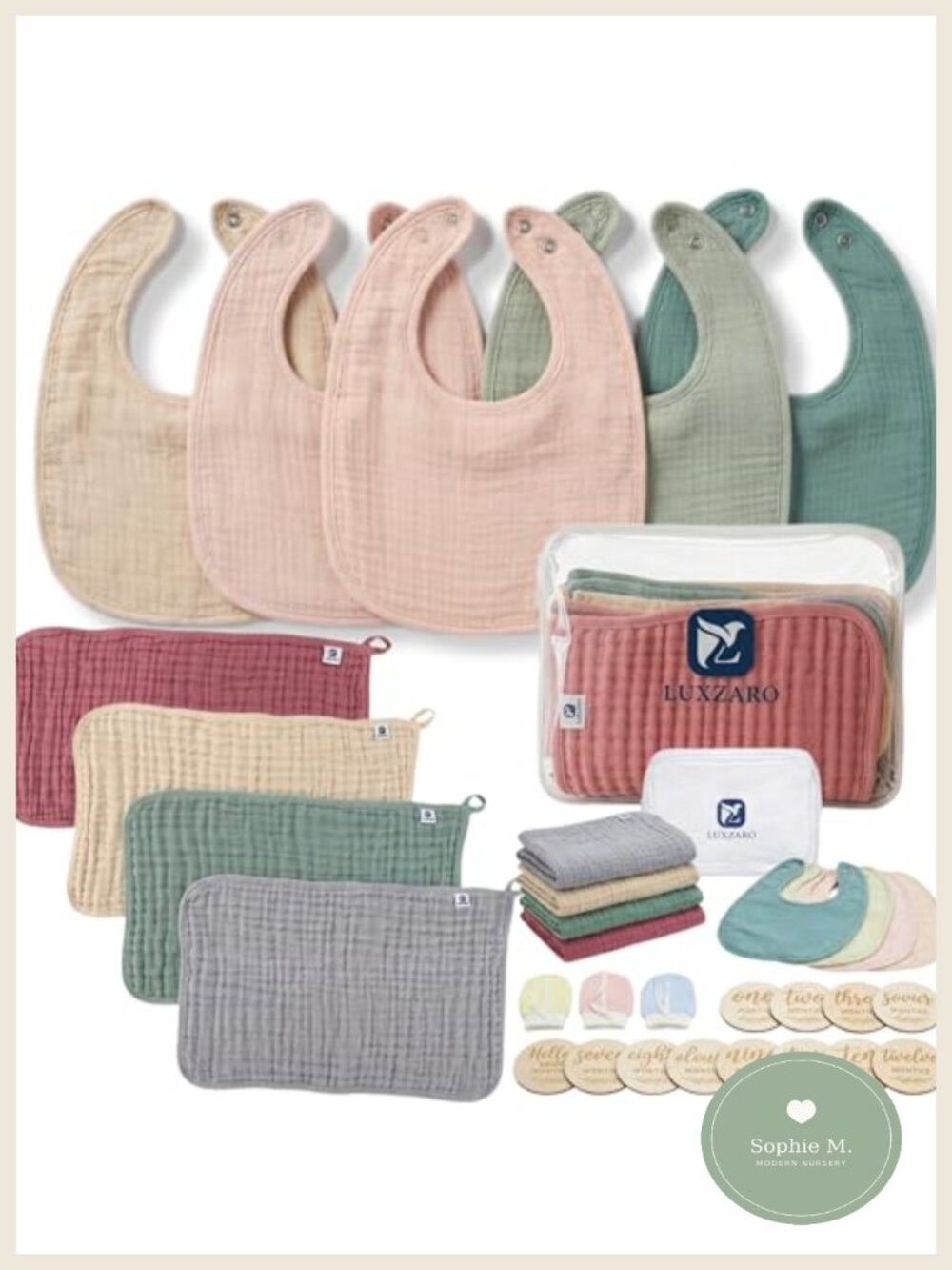 Baby Gift Set Muslin Burp Cloths Bibs Mittens Milestone Discs